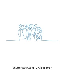 A continuous line drawing depicts a group of people huddled together