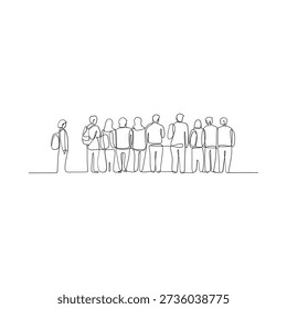 A continuous line drawing depicts a group of people standing together