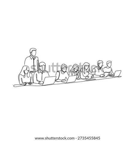 A continuous line drawing depicts a group of people working on laptops