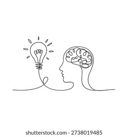 A continuous line drawing depicts a human head and a glowing lightbulb