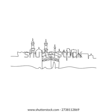 Continuous line drawing depicts the iconic skyline of the grand mosque in mecca