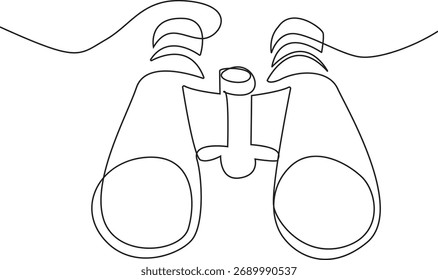 Um desenho de linha contínua representa um par de binóculos, mostrando sua forma e design com uma abordagem minimalista.