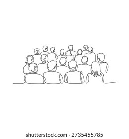 A continuous line drawing depicts a seated crowd of people together