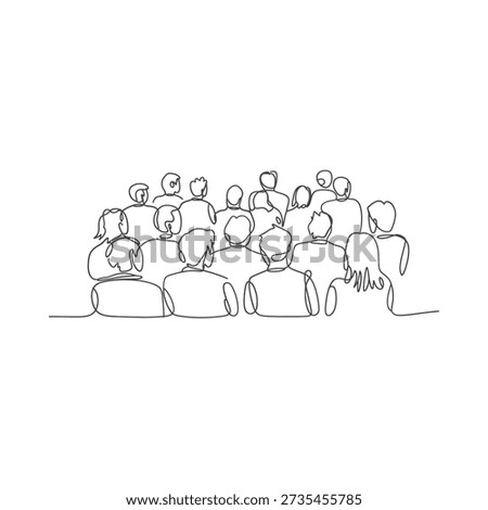A continuous line drawing depicts a seated crowd of people together