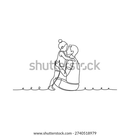 A continuous line drawing depicts a tender moment between a father and daughter