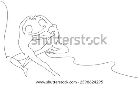 A continuous line drawing depicts two intertwined dancers in a graceful and dynamic pose. The simple yet elegant design captures the fluidity and connection between the figures.