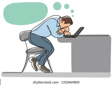 continuous line drawing of depressed businessman sitting bihind laptop computer