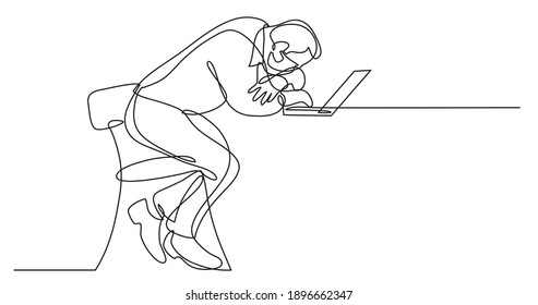 continuous line drawing of depressed businessman wearing face mask sitting behind laptop computer