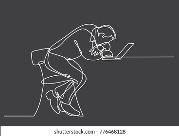 continuous line drawing of depressed businessman sitting bihind laptop computer