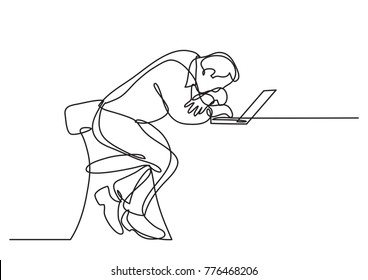 continuous line drawing of depressed businessman sitting bihind laptop computer