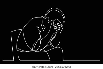 kontinuierliche Zeichnung des auf dem Stuhl sitzenden depressiven Mannes
