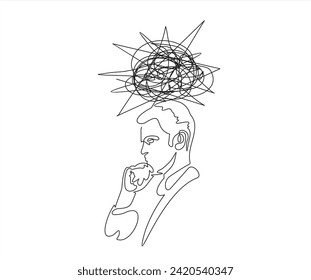 dibujo de línea continua de hombre deprimido con el problema en mente, ilustración vectorial hombre de negocios tiene problemas y estrés con su trabajo