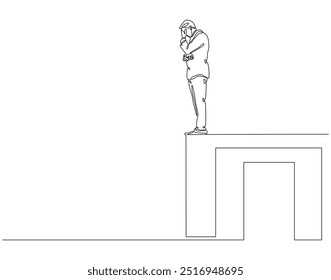 Dibujo de línea continua del hombre deprimido de pie borde del edificio. Ilustración de una sola línea del Día Internacional de la Prevención del Suicidio. Tristeza, desesperación, concepto de depresión. Esquema editable