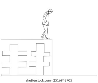 Dibujo de línea continua del hombre deprimido de pie borde del edificio. Ilustración de una sola línea del Día Internacional de la Prevención del Suicidio. Tristeza, desesperación, concepto de depresión. Esquema editable