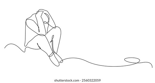 continuous line drawing of depressed man.one line drawing of depressed man holding head.single line vector illustration.isolated white background