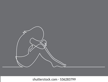 continuous line drawing of depressed woman sitting