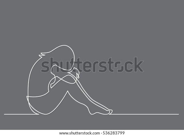 Continuous Line Drawing Depressed Woman Sitting Stock Vector (royalty 