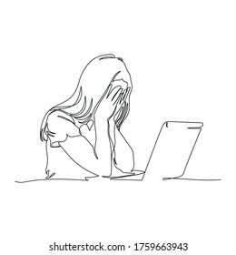 Continuous line drawing of depressed women from emotional shock, loss, grief, life problems and break up relationship. Female received bad news. The concept of failure and heartbreak