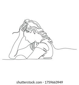 Continuous line drawing of depressed women from emotional shock, loss, grief, life problems and break up relationship. Female received bad news. The concept of failure and heartbreak