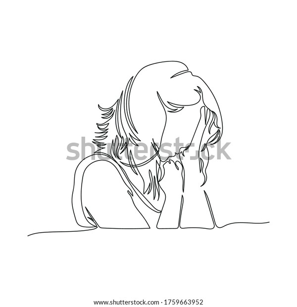 Continuous Line Drawing Depressed Women Emotional Stock Vector Royalty Free