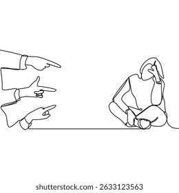 Continuous line drawing of depression female worker because so many hands appointing to blame her. Continuous line drawing of frustration and despair concept. Vector illustration design.