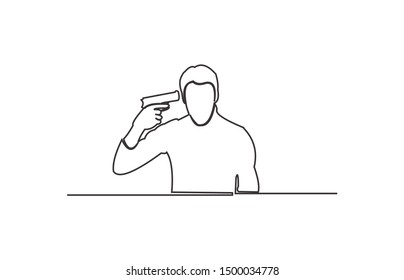 continuous line drawing of Depressive man trying to commit suicide with a gun aiming on his head