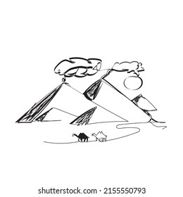 Continuous line drawing. Desert scenery there are camels in summer. Illustration icon vector