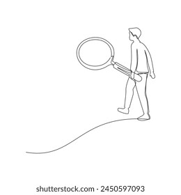 Continuous line drawing design of businessman searching data using huge magnifying glass. Business data search and analysis for a solution illustration and concept.