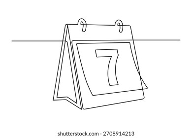 Dibujo de línea continuo de un escritorio, calendario que muestra el número siete, concepto de programación de recordatorios de eventos de fecha