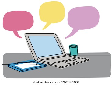 continuous line drawing of desk laptop computer pen 