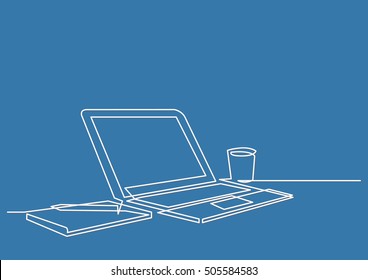 continuous line drawing of desk laptop computer pen