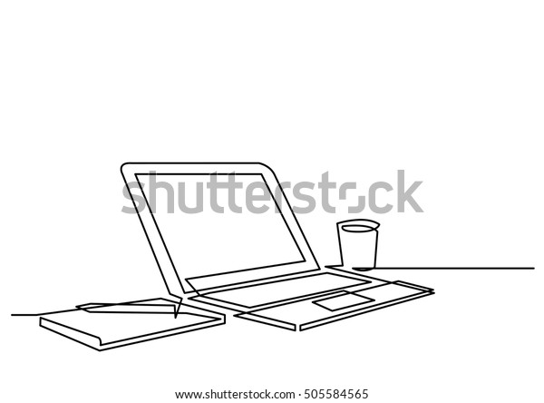 Continuous Line Drawing Desk Laptop Computer Stock Vector Royalty