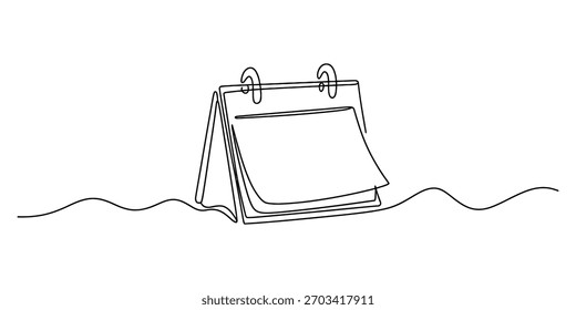 Dibujo de línea continuo de un calendario de escritorio con páginas en blanco y un aglutinante, que simboliza la gestión del tiempo, la planificación y la programación de eventos