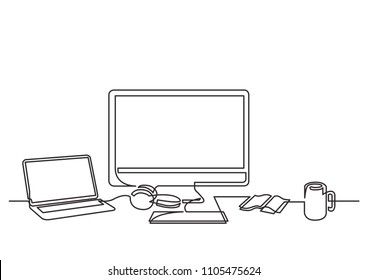 Continuous Line Drawing Of Desktop Computer Laptop And Mug