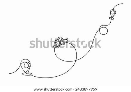 Continuous line drawing of destination line path of car route with starting point location, Path with location pins. Distance from one point to another in doodle style