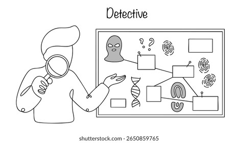 Um desenho em linha contínua de um detetive com uma lupa na mão. Ao seu lado está um painel com fotografias e provas, onde ele coleta informações para resolver um crime e ajudar a justiça.