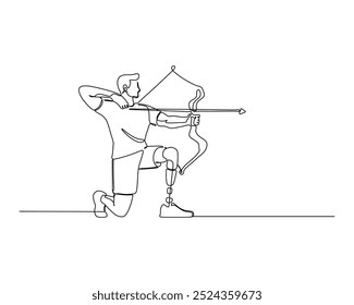 continuous line drawing of a determined archer with a prosthetic leg, kneeling and drawing his bow and arrow with unwavering focus. Simple line art for sport event campaign banner and promotion