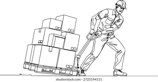 Dibujo continuo de línea de un trabajador determinado en un casco tirando de un gato de palet pesado cargado con cajas de cartón, que representa la mano de obra, la logística y las operaciones de almacén
