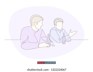 Continuous line drawing of the dialogue of two men at the bar. Template for your design works. Vector illustration.