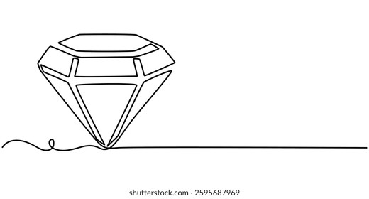 Continuous Line Drawing of Diamond Icon. Hand Drawn Symbol Vector Illustration, Diamond one line continuous banner. Line art jewelry concept banner. Outline vector illustration, Hand drawn diamond. 