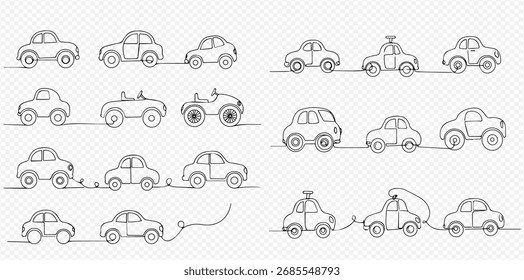 A continuous line drawing of different car designs.