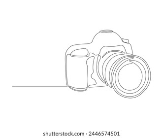 Continuous line drawing of digital camera. One line of DSLR camera. Photography equipment concept continuous line art. Editable outline.

