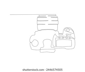 Continuous line drawing of digital camera. One line of DSLR camera. Photography equipment concept continuous line art. Editable outline.

