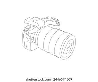Continuous line drawing of digital camera. One line of DSLR camera. Photography equipment concept continuous line art. Editable outline.

