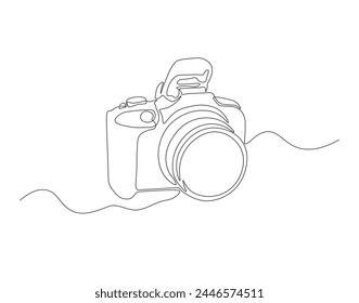 Continuous line drawing of digital camera. One line of DSLR camera. Photography equipment concept continuous line art. Editable outline.


