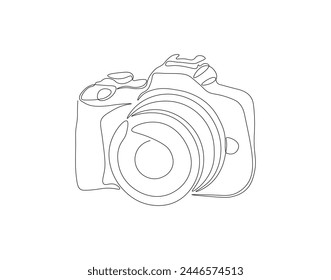 Continuous line drawing of digital camera. One line of DSLR camera. Photography equipment concept continuous line art. Editable outline.

