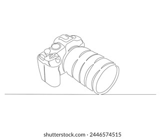 Continuous line drawing of digital camera. One line of DSLR camera. Photography equipment concept continuous line art. Editable outline.

