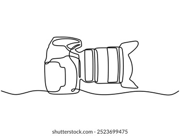 Continuous line drawing of a digital camera. Highlights modern photography in a sleek and simple style.