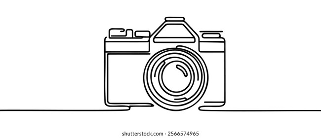 Continuous line drawing of digital camera. One line of DSLR camera. Photography equipment concept continuous line art.