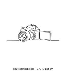 Un dibujo de línea continua de una cámara digital sobre un fondo blanco